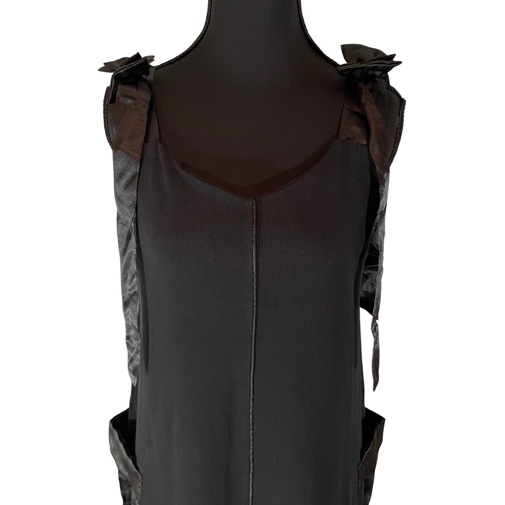 Black Ribbed Maxi Dress Bow Shoulders Side Pockets Size 16T Stretchy Material - Picture 2 of 7